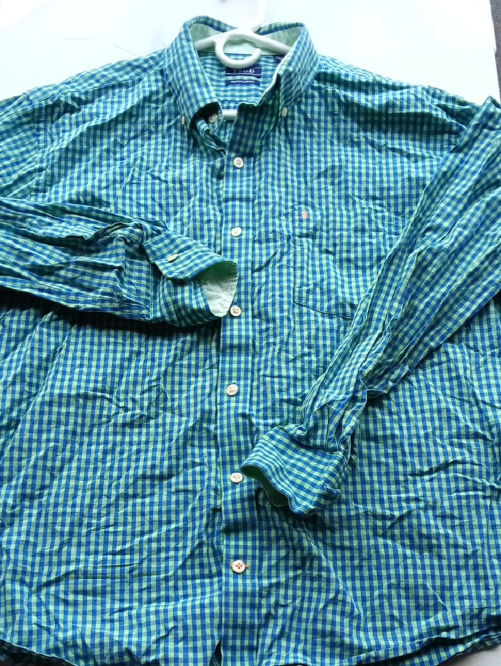 Izod Teal and Blue Check Button-Down Shirt.